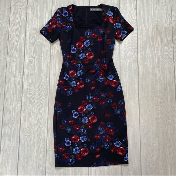 Alton Gray Women's Black Red Blue Floral Fitted Cocktail Sheath Dress Size 0 - Picture 1 of 11